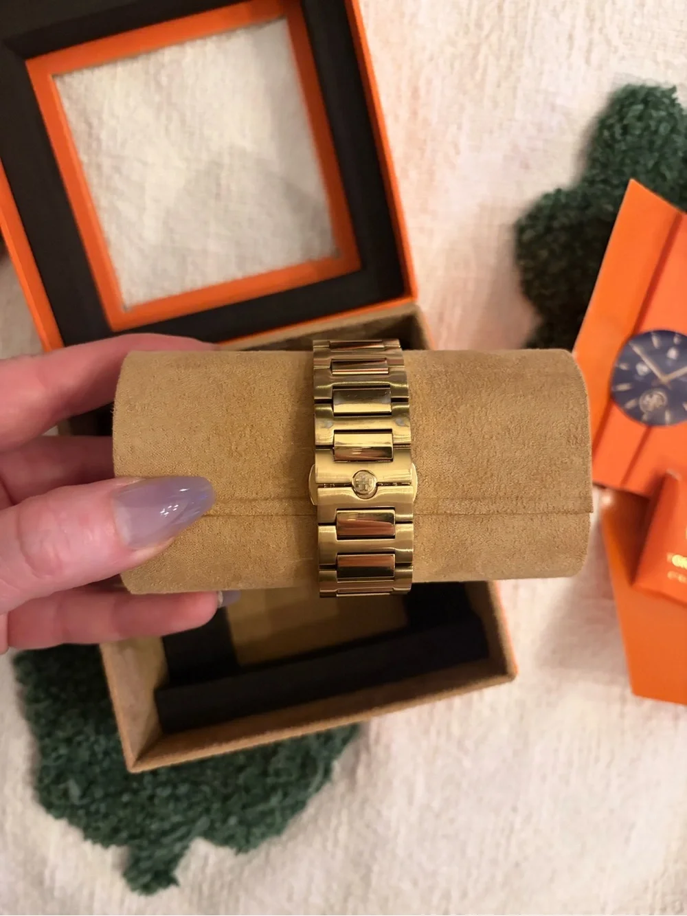 Tory Burch Navy Dial Watch with Gold Accents and Orange Packaging